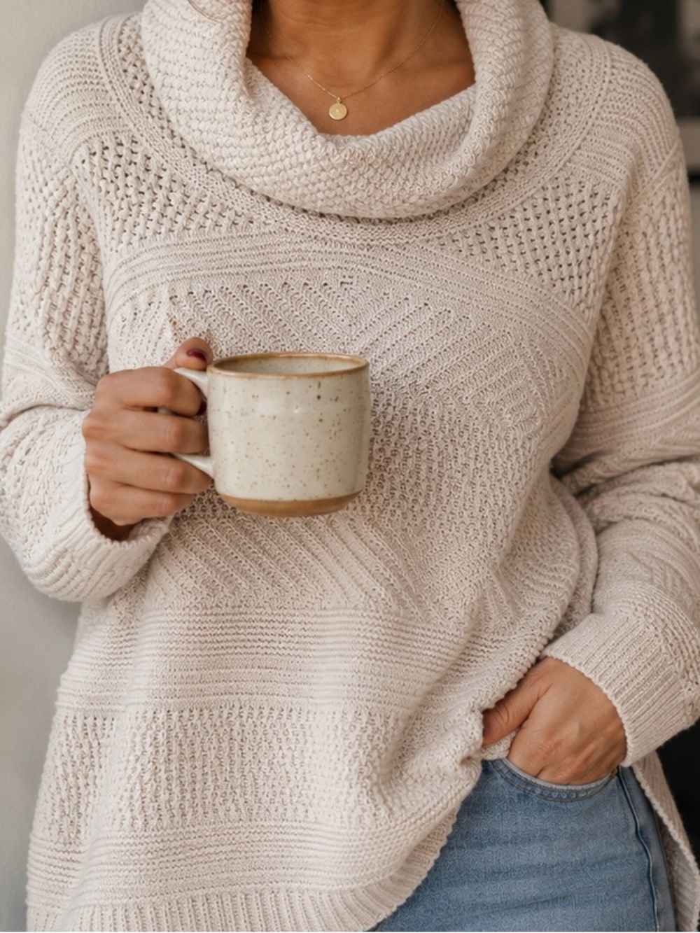 eight eight eight Cream Textured Cowl Neck Sweater - Sz S - Fisherman, Cotton
